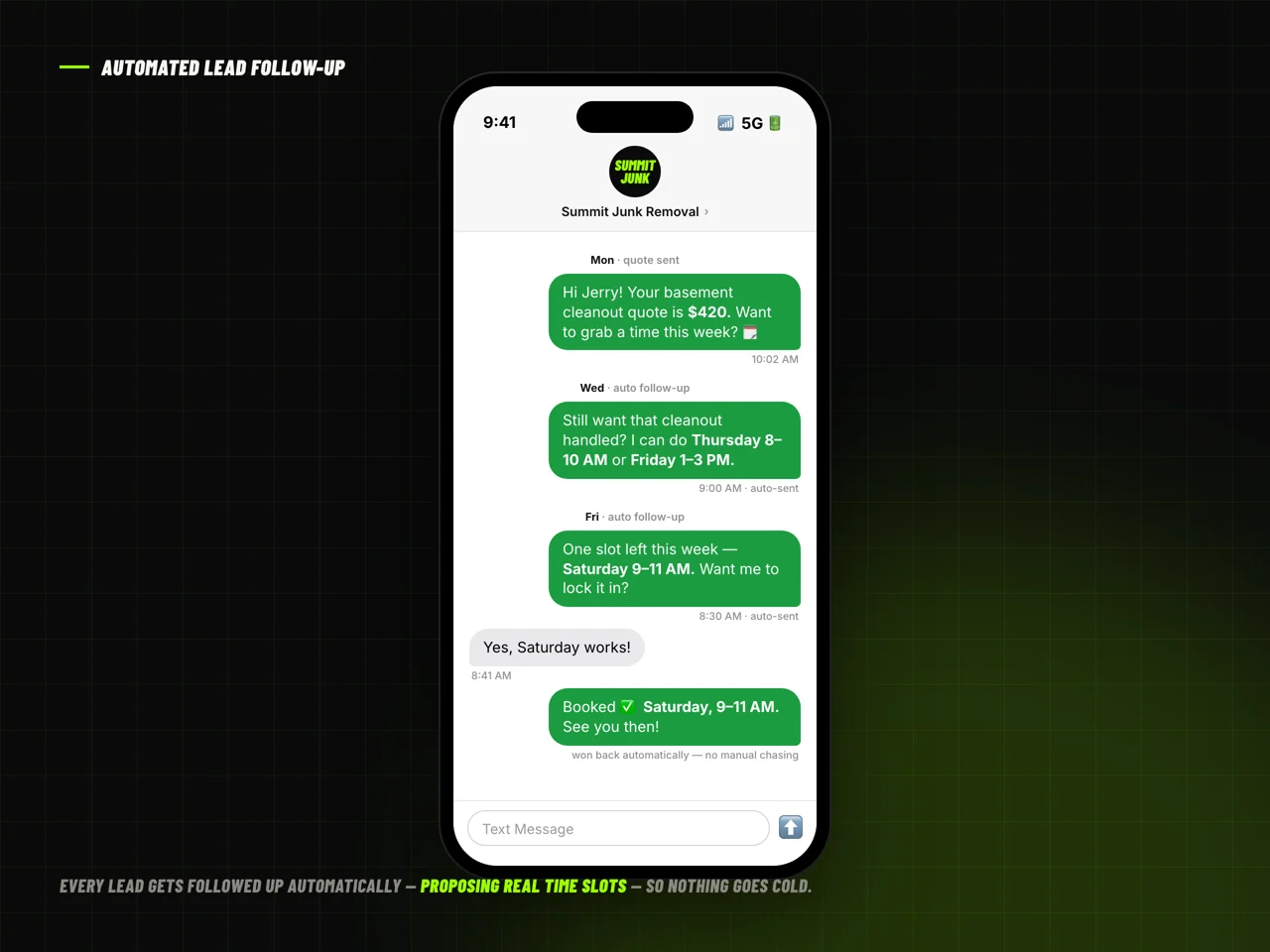 An automated text follow-up sequence proposing time slots and booking